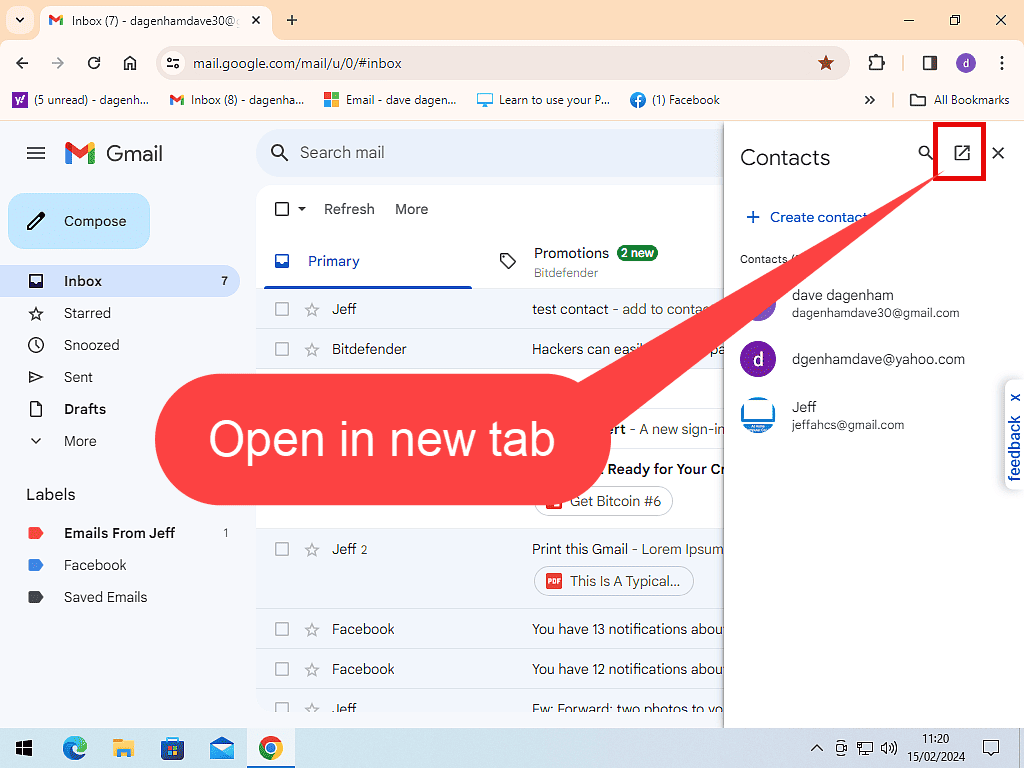 Gmail contacts list open. "Open in new browser tab" icon is marked.