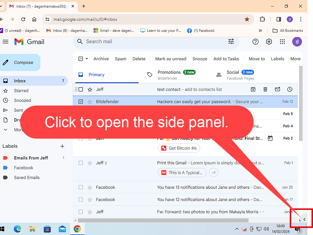 Gmail side panel Open/Close button indicated.