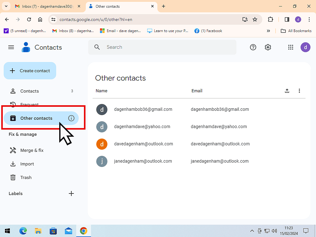 Other contacts in Gmail is indicated.