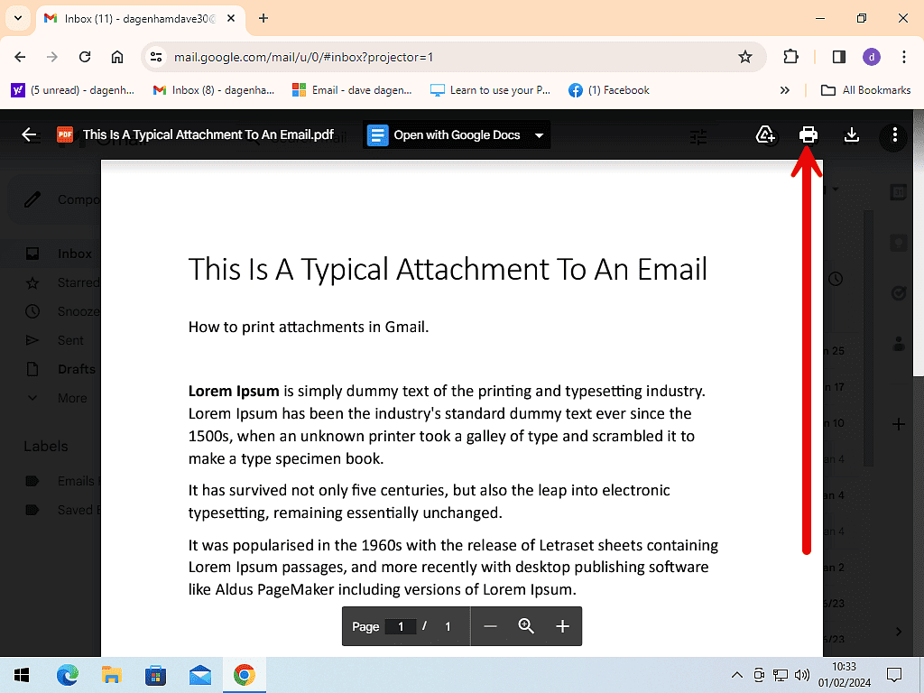 Printing an attachment to an email.