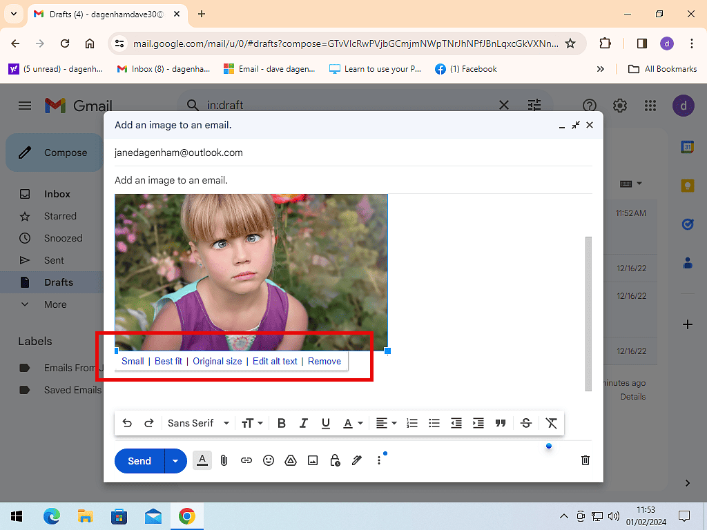 Sizing options for image inserted into Gmail.
