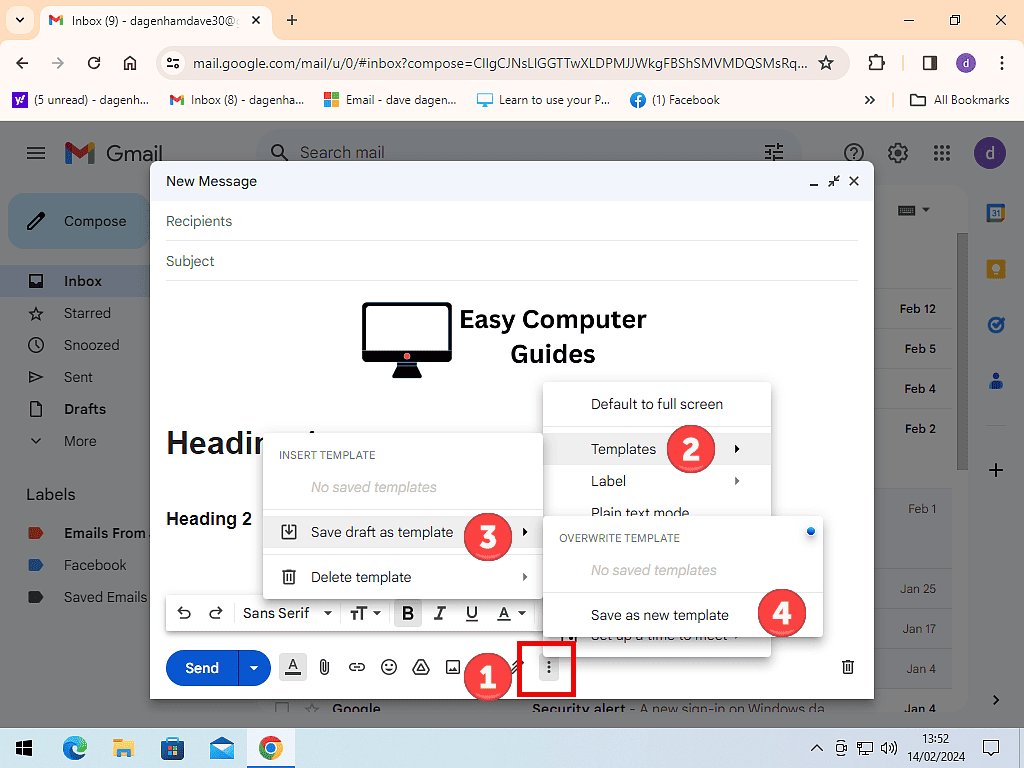 Steps indicated to save a new template in Gmail.