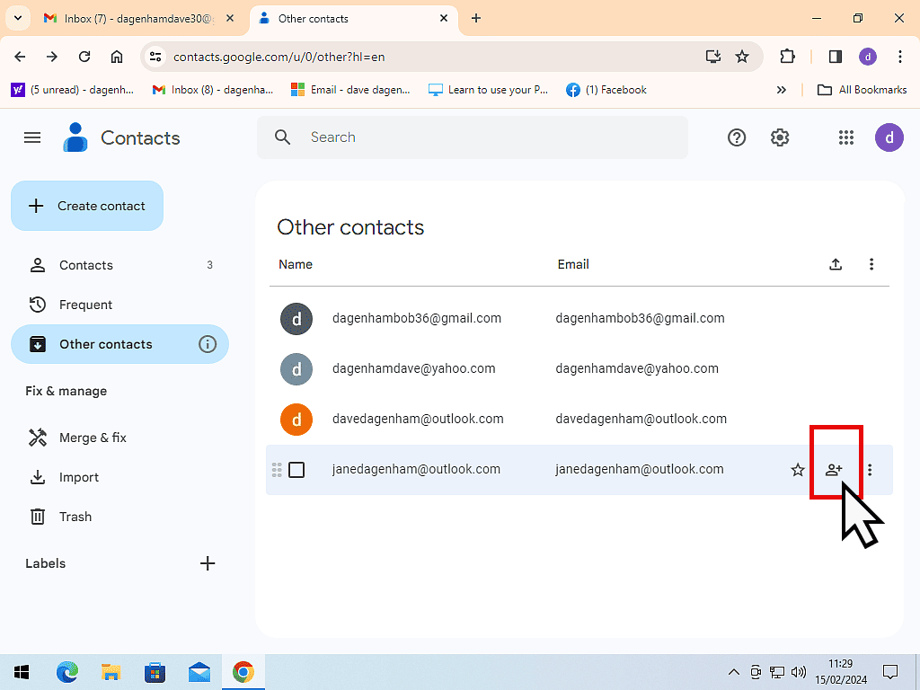 Saving a contact in Gmail.