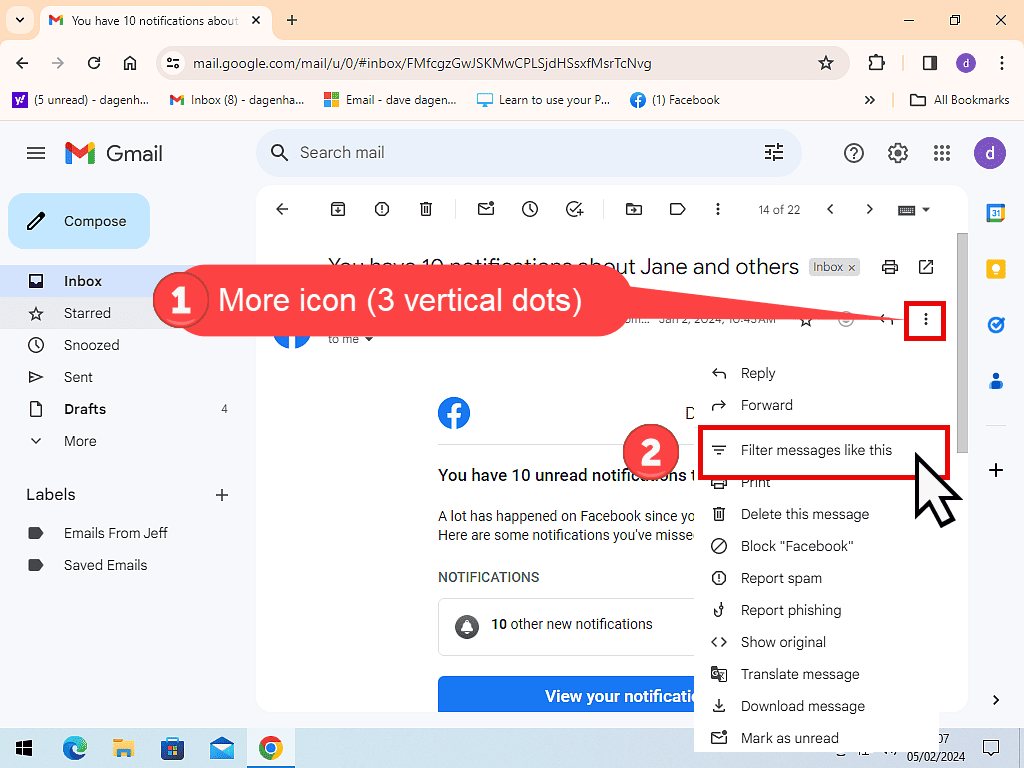 Setting up a filter in Gmail to block emails.