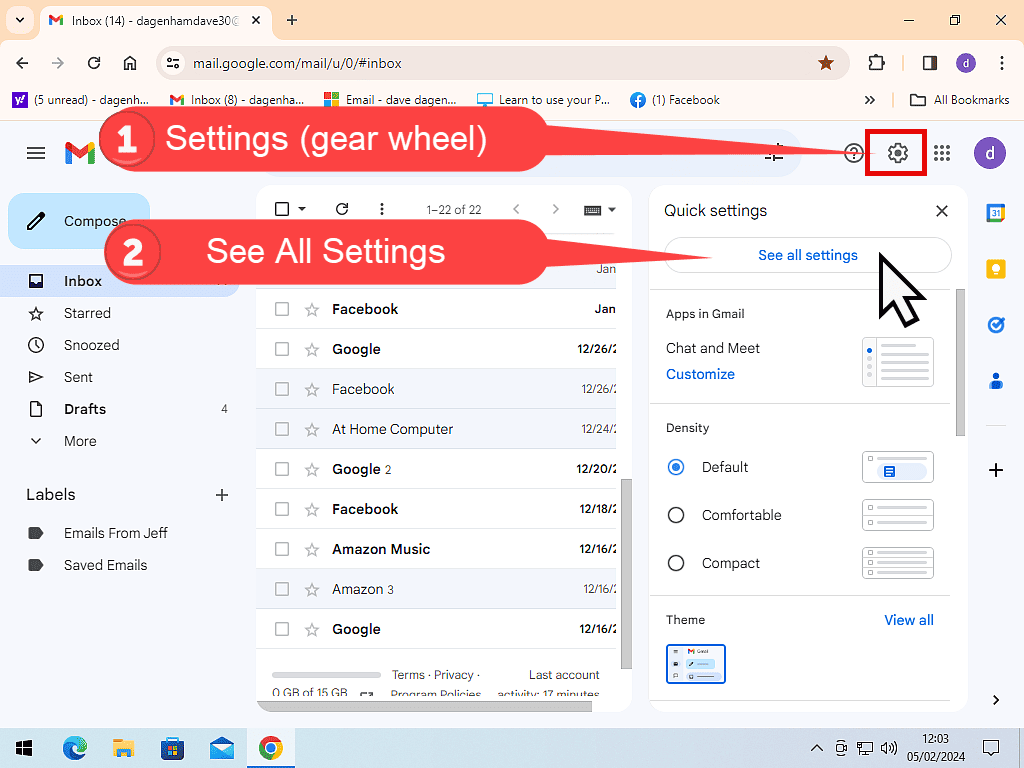 The Settings icon (gear wheel) and "See all settings" button are highlighted in Gmail.