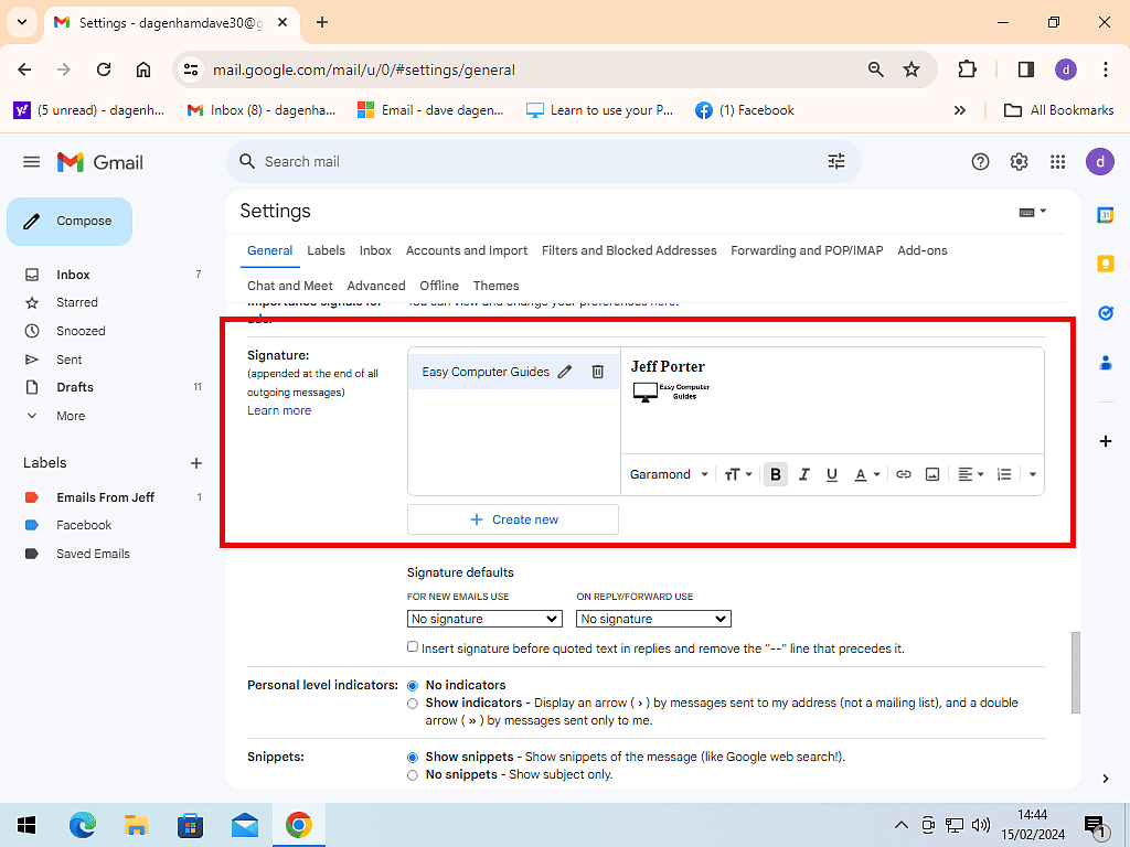 A new signature created in Gmail.
