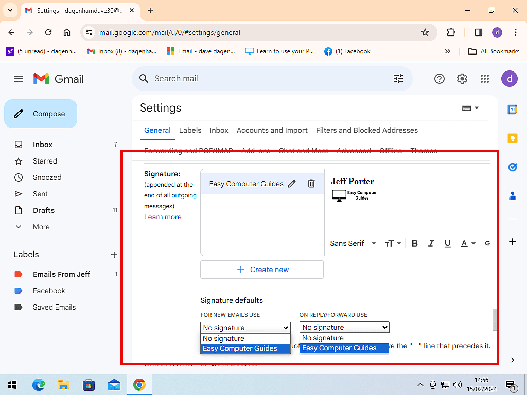 Signature defaults options in Gmail. New emails & reply/forward emails are both selected