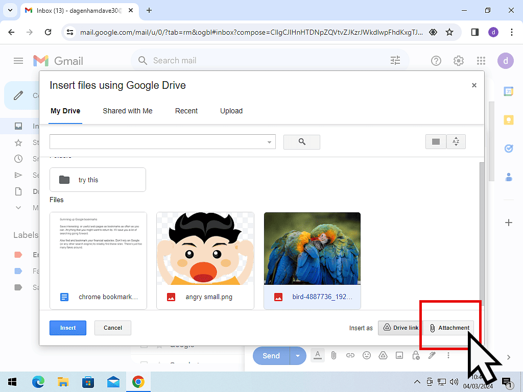 Attachment button is indicated in Google Drive.