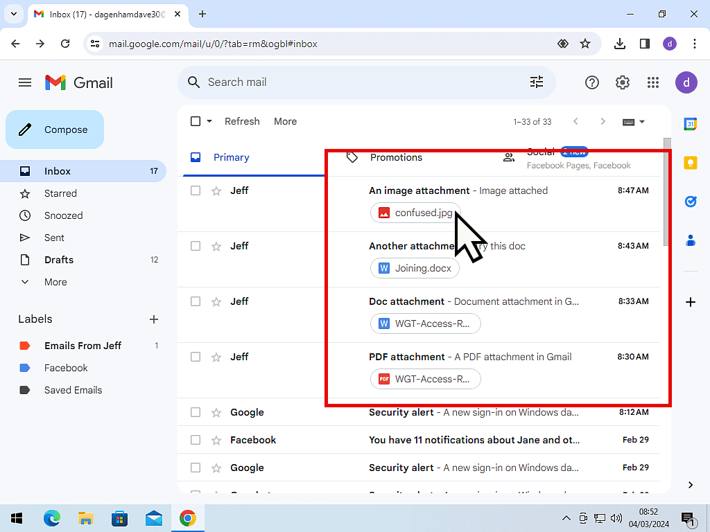 Email attachments can be seen in Gmail inbox