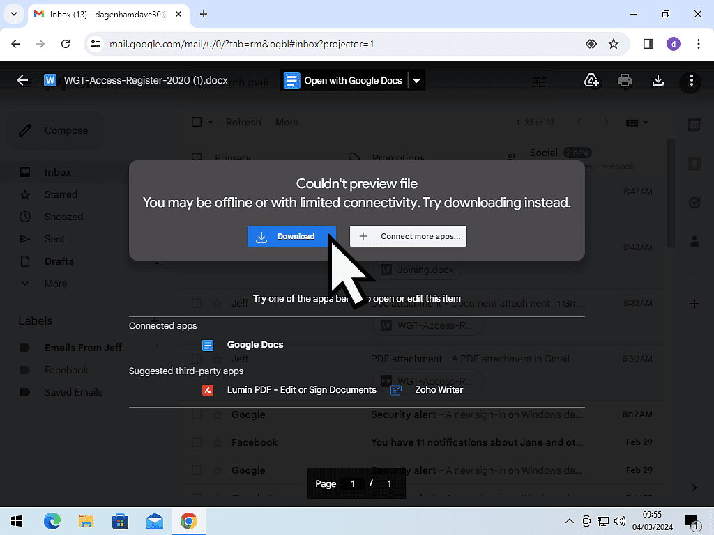 Gmail couldn't preview the file. The Download button is being clicked.
