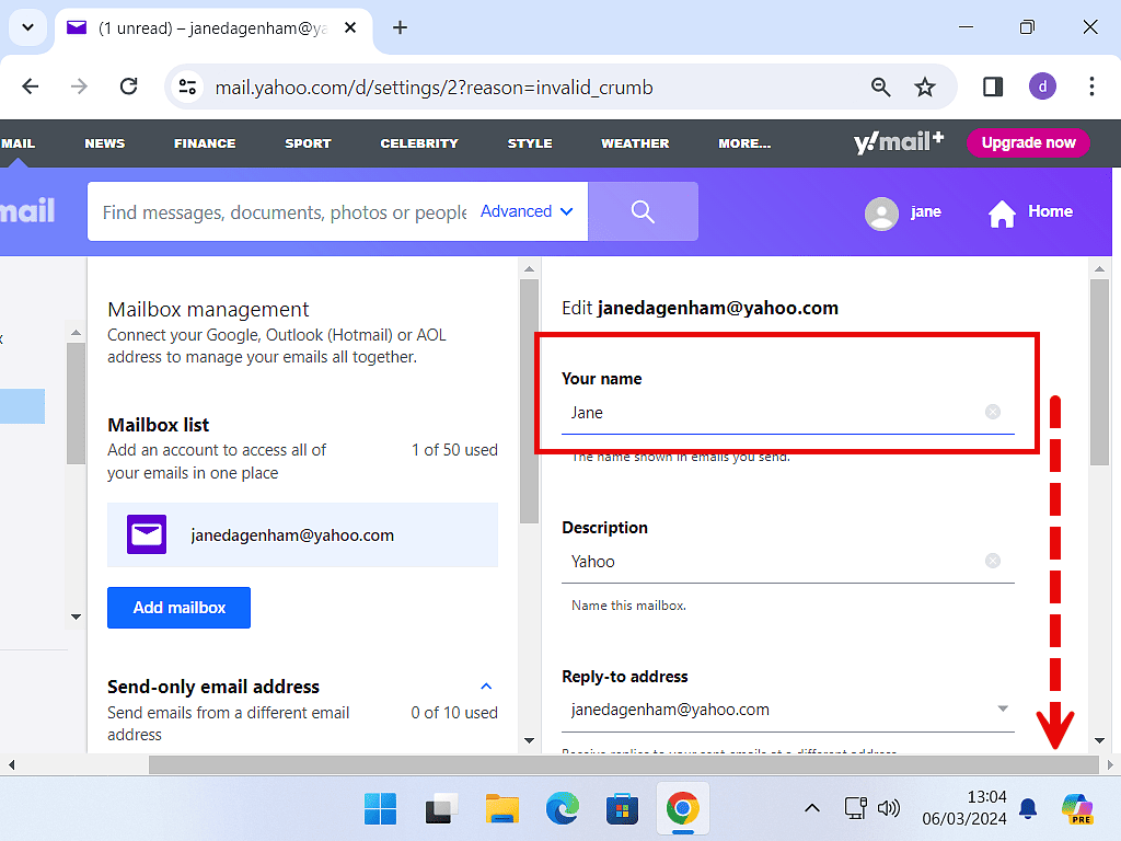 Changing display name in Yahoo Mail account.
