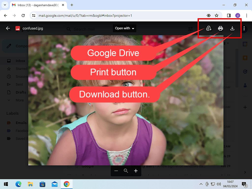 Attachment preview window is open in Gmail. The Drive, Print and Download buttons are marked.