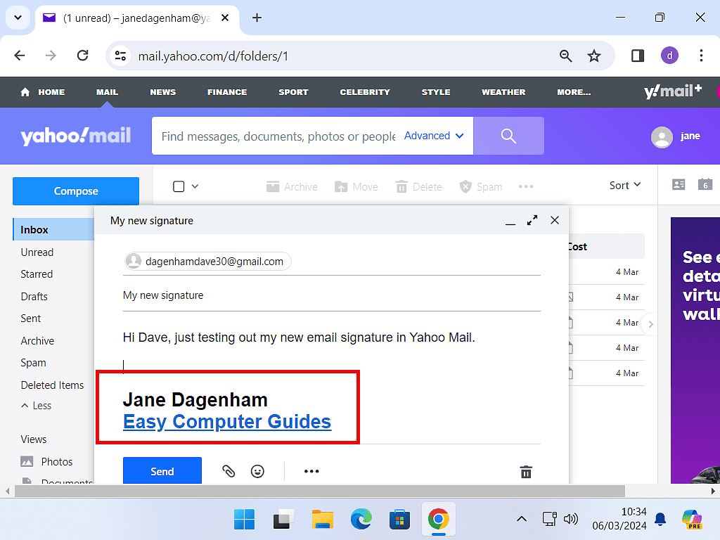 Example of a signature added to a Yahoo Mail email.