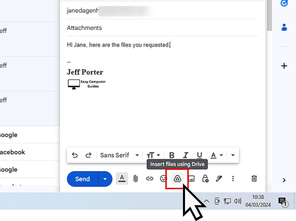 In Gmail the Insert files from Drive button is marked.