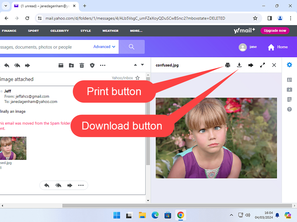 Yahoo Mail attachment download and print buttons.