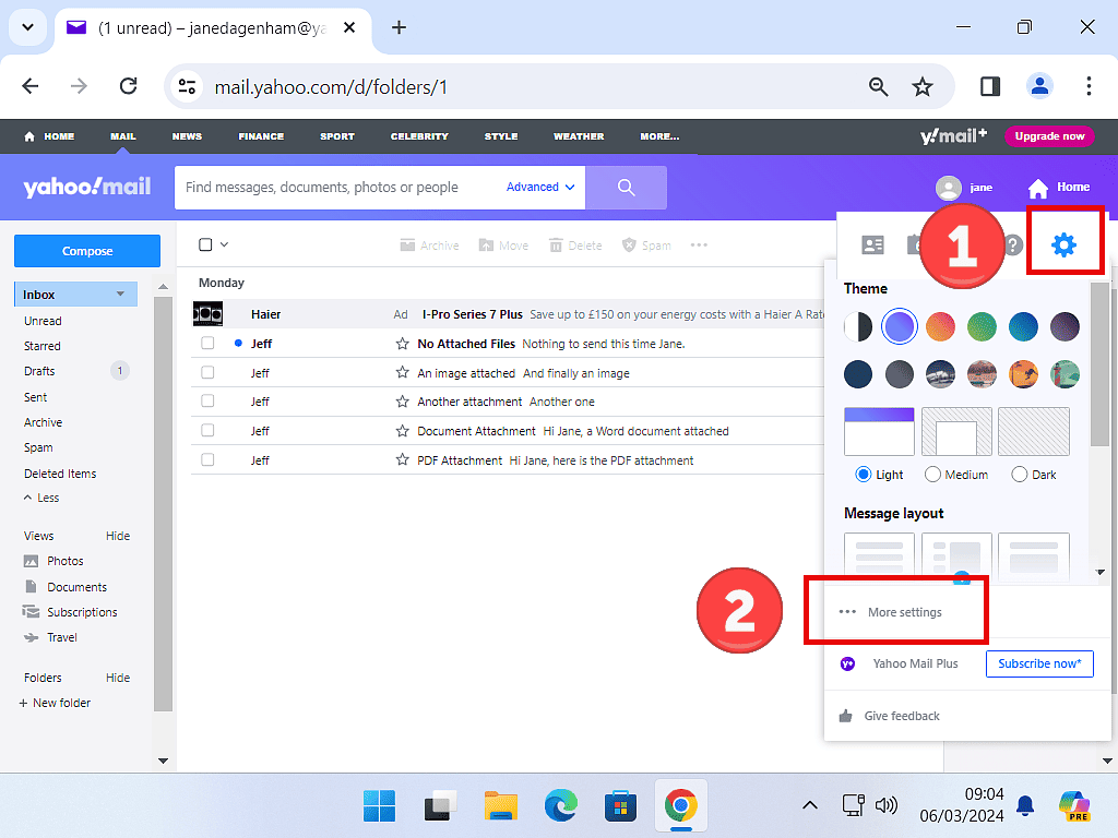 Yahoo Mail settings and More Settings highlighted.