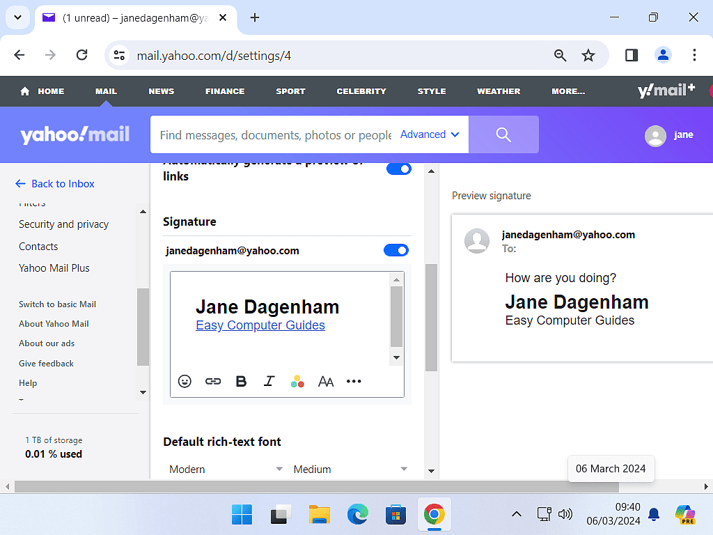 Creating a signature for Yahoo Mail emails.