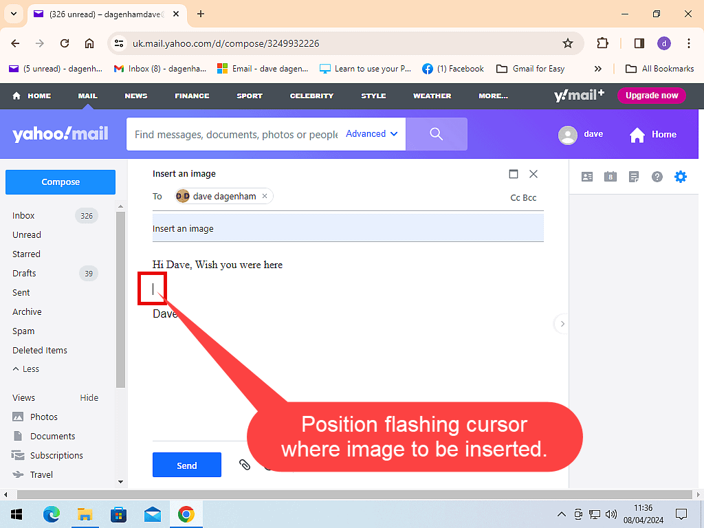 Adding an image into a Yahoo email.