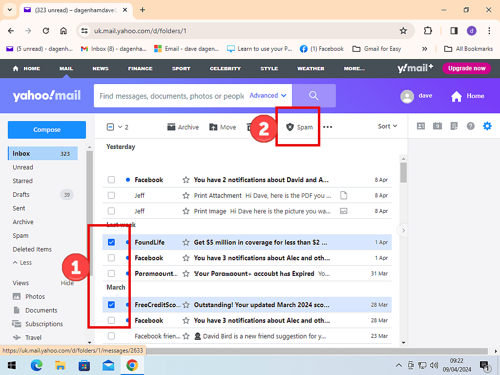 Two emails selected and the Spam button marked in Yahoo Mail