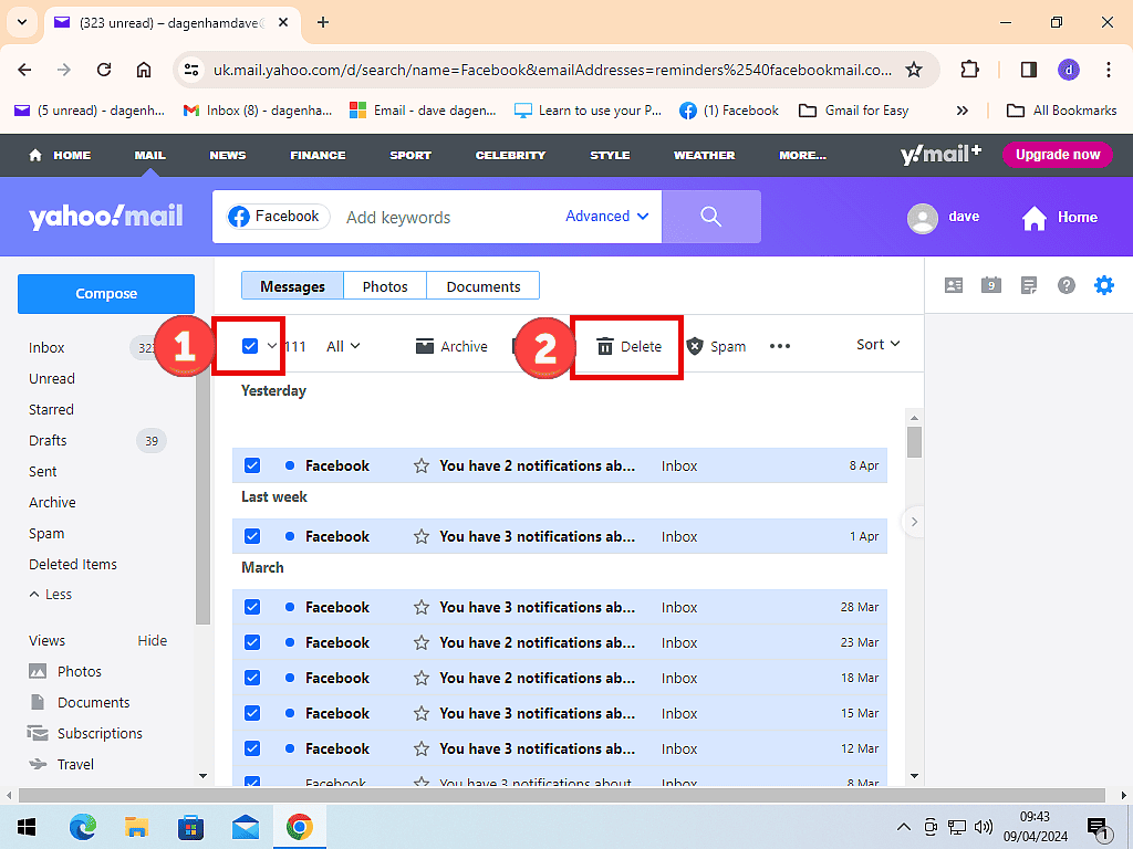 All messages selected and Delete button marked.