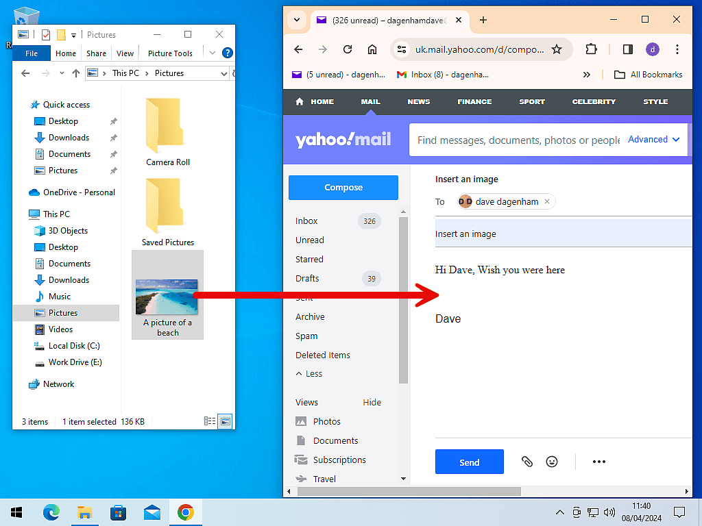 Dragging an dropping a picture into an email in Yahoo Mail.