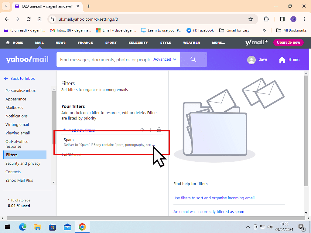 Spam filter marked in Yahoo Mail.