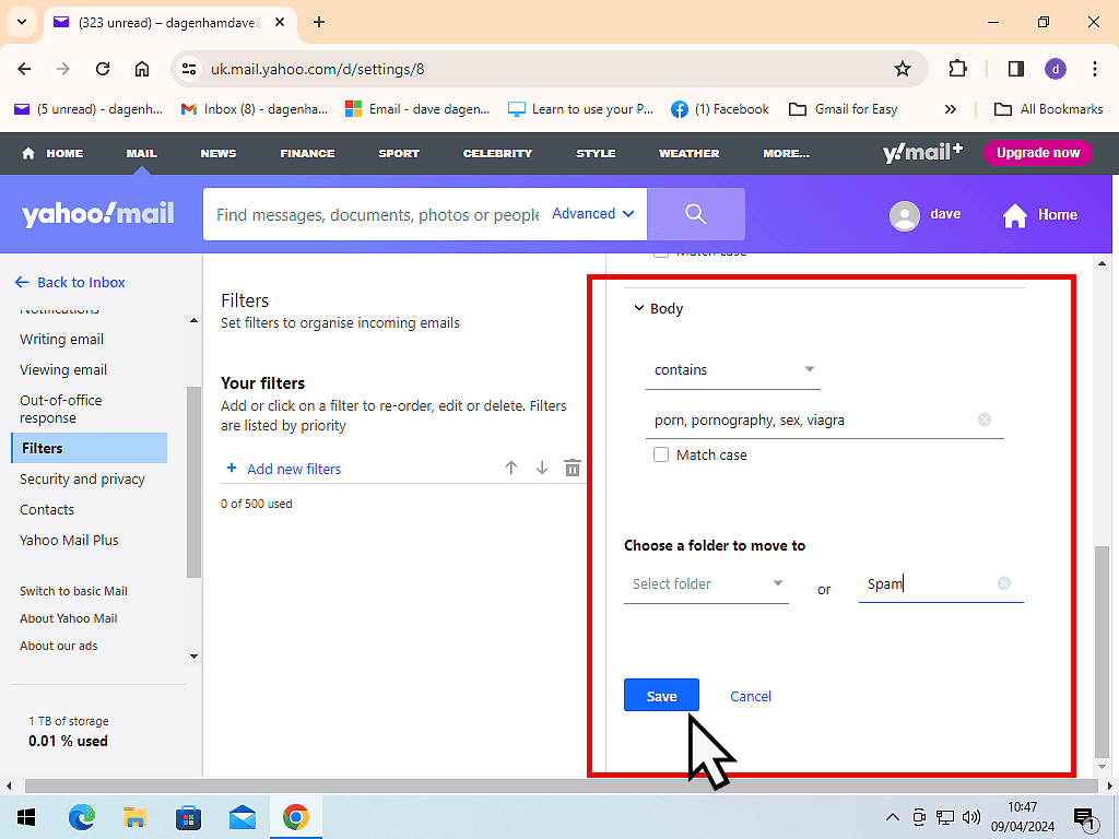 Keywords entered and Save button highlighted.
