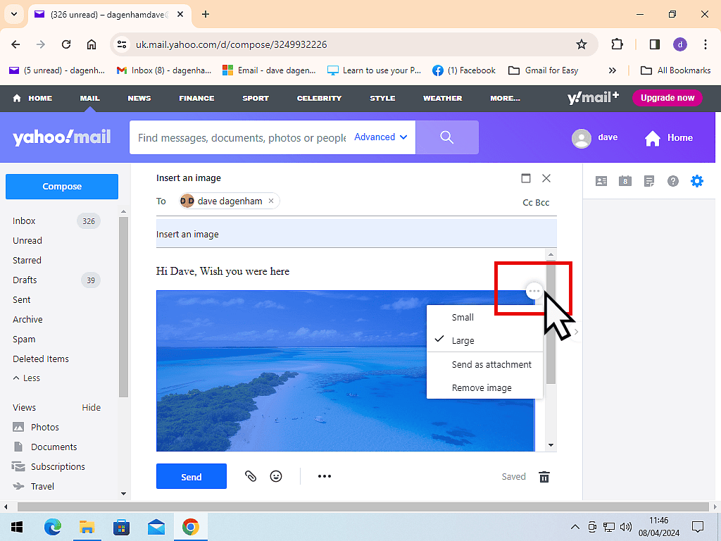 More options button has been clicked and the menu is open in Yahoo Mail. 