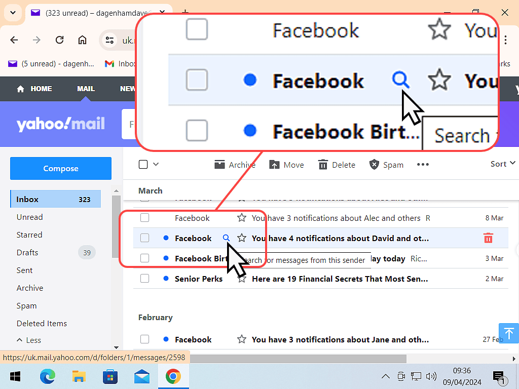 Magnify Glass icon highlighted in Yahoo Mail.