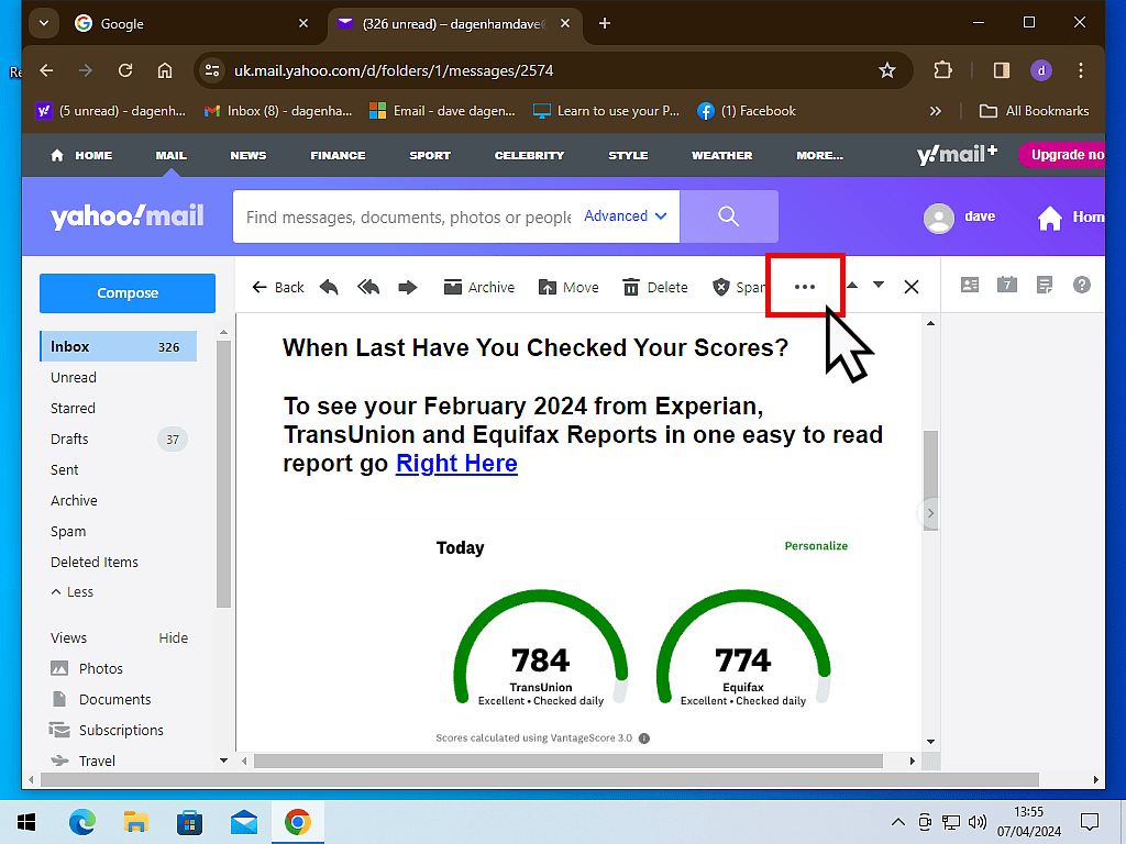 Options menu (3 horizontal dots) is indicated in Yahoo Mail.