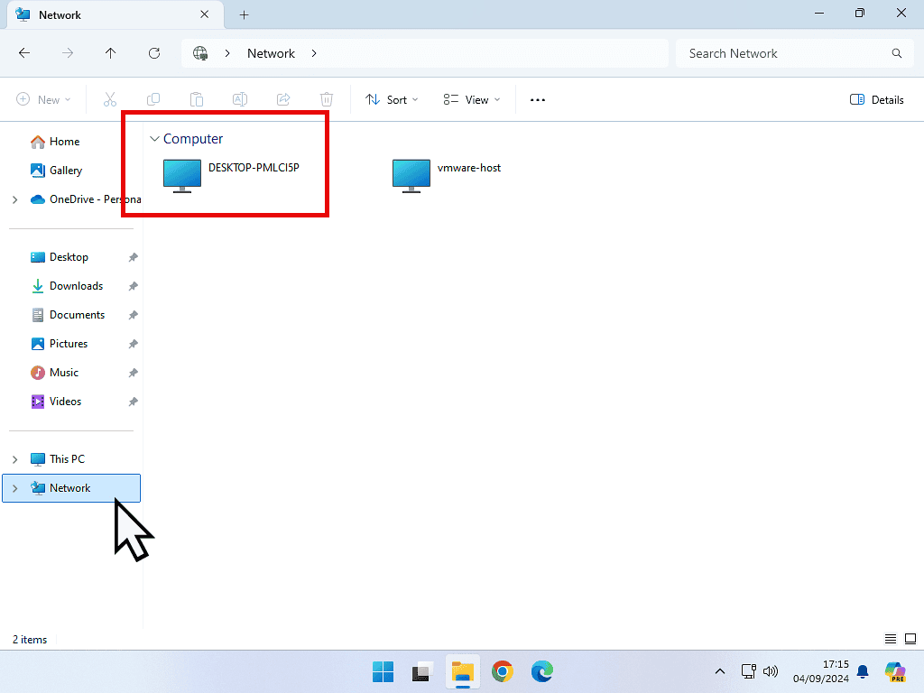 File Explorer is open and the shared computer is marked in Network.