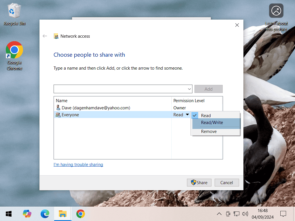 Permission level of shared folder being changed to Read/Write.