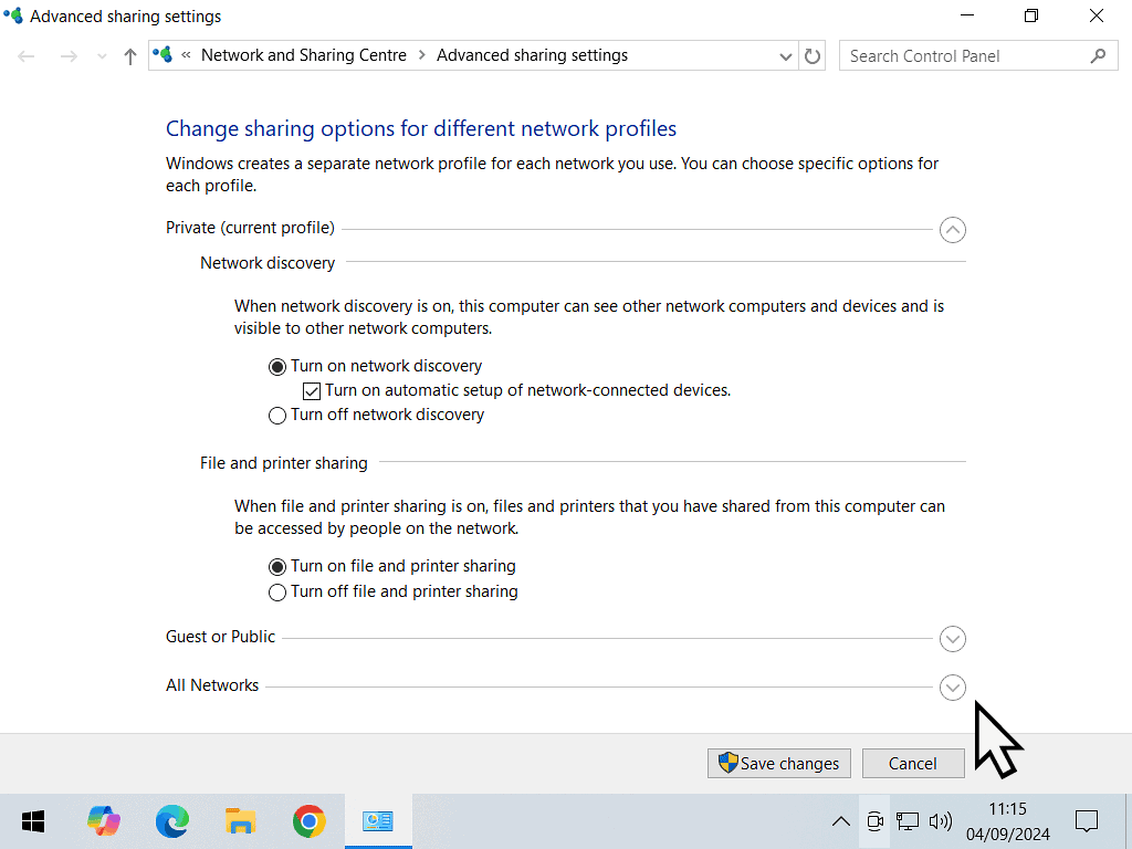 Changing file sharing options in Windows 10.
