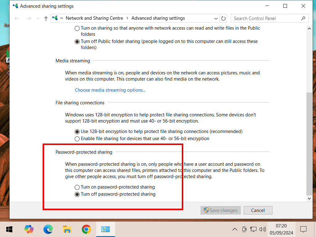 Password protected sharing is turned off in Windows 10.