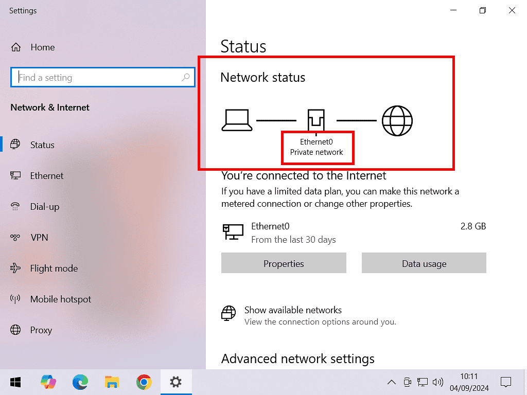 Windows has identified the network as a Private network. 