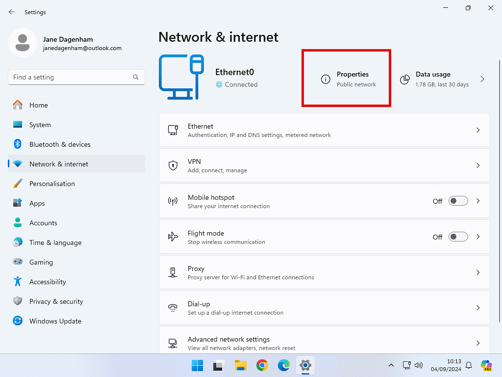 Windows 11 has identified the network as Public.