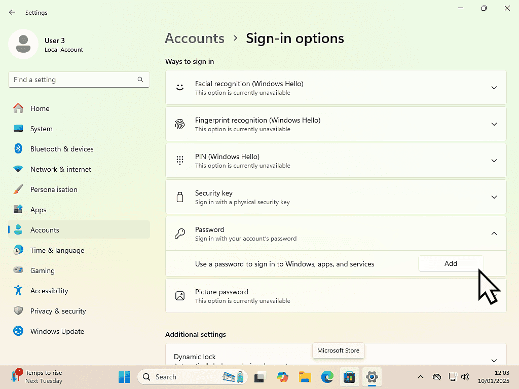 The Add button is indicated to add a password to a Windows account.