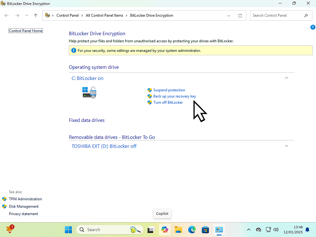 Recovery key backup link is highlighted.