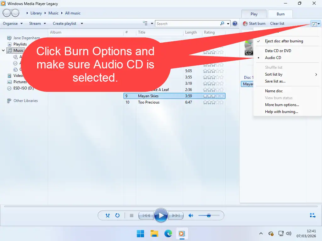 Burn Options button indicated and Audio CD selected.