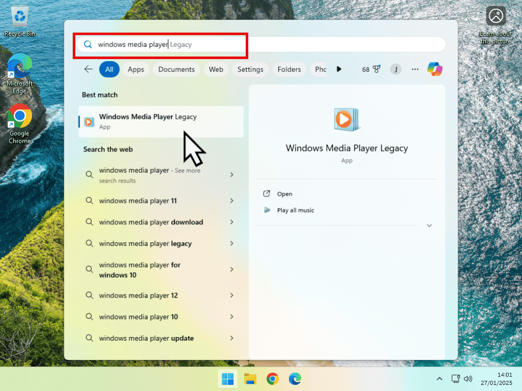 Burn audio CD in Windows. Launching Windows Media Player from the Windows 11 Start menu.