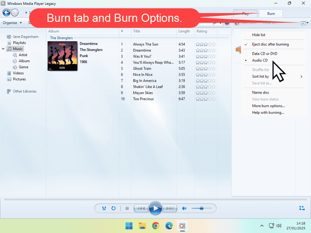 Burn tab, Burn Options and Audio CD are all marked in Windows Media Player.