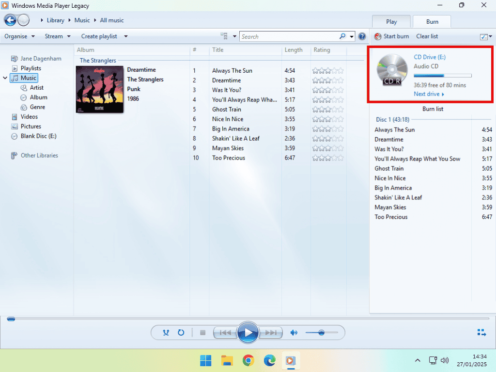 Remaining space on CD indicated in Windows Media Player.