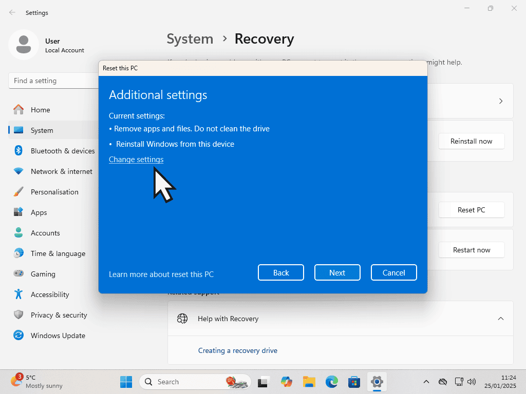 Change Settings link is highlighted.