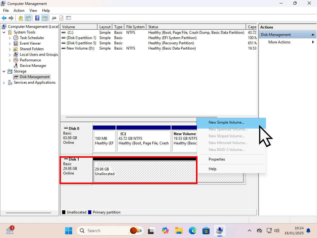 Format the drive by creating a New Simple Volume.