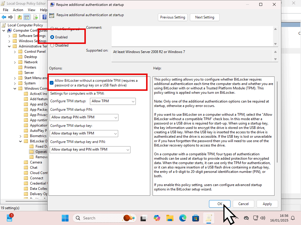 Enable BitLocker without a compatible TPM