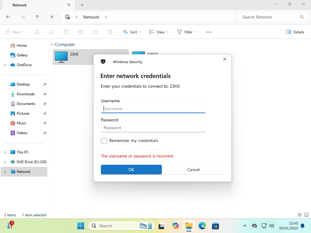 Windows security popup on Windows 11 24H2 computer. Username and password boxes are blank.