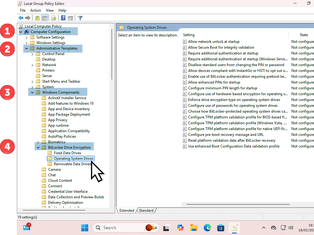 Computer Configuration > Administrative Templates > Windows Components > BitLocker Drive Encryption > Operating System Drives highlighted in Group Policy Editor.