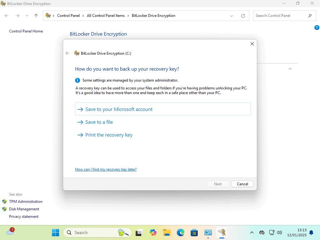 Options to save BitLocker recovery key.
