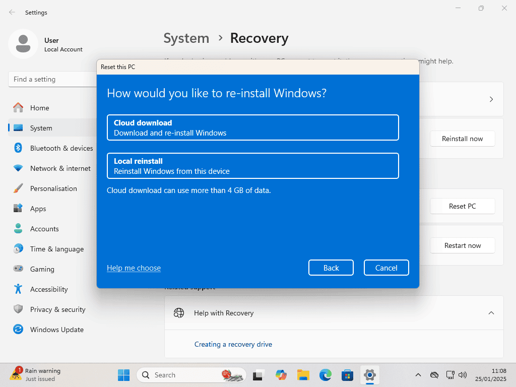 Windows reset installation options.