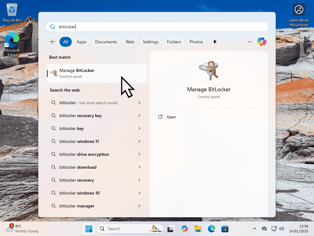Searching Windows Start menu for BitLocker To Go.